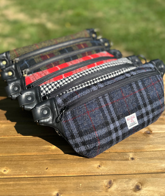 Luxury Harris Tweed® and leather sling bag, handcrafted in Maryland with timeless design.