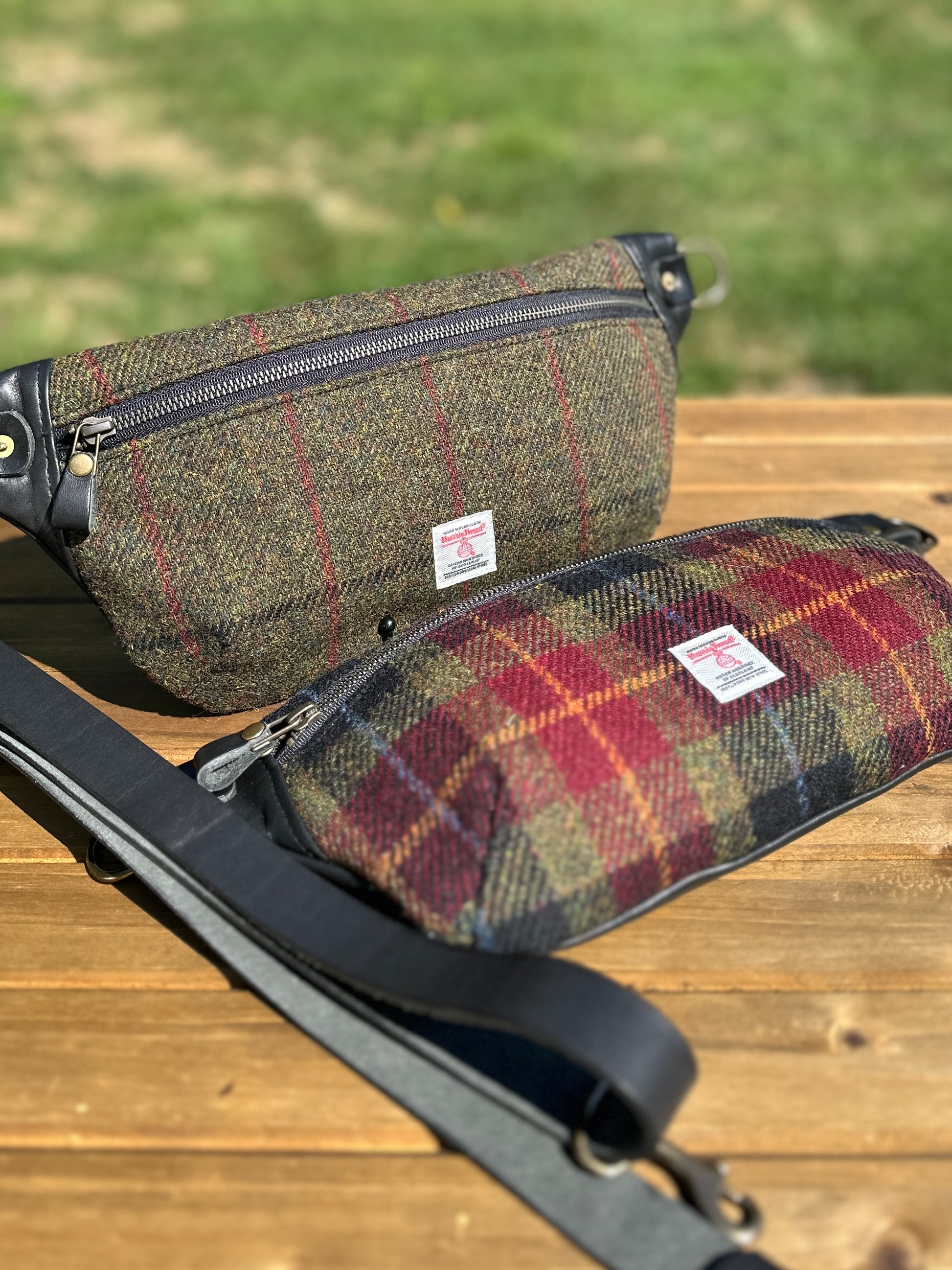 Luxury Harris Tweed® and leather sling bag, handcrafted in Maryland with timeless design.