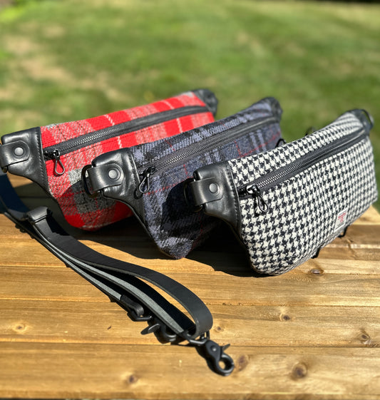 Luxury Harris Tweed® and leather sling bag, handcrafted in Maryland with timeless design.