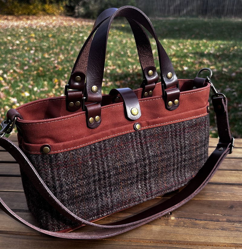 St. Andrews Harris Tweed® Tote standing upright, highlighting the Warm Brown Harris Tweed® and leather base. Made in MD