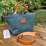Mazie Handbag Teal Twill Harris Tweed® with Biscuit Veg Tan Leather and Antique Brass Hardware SquiresCanvasCreations.com