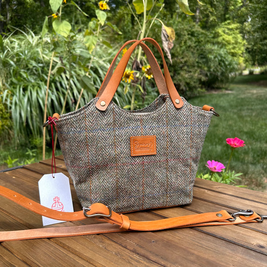 Mazie Handbag Green Mix Herringbone Harris Tweed® with Biscuit Veg Tan Leather and Antique Brass Hardware SquiresCanvasCreations.com
