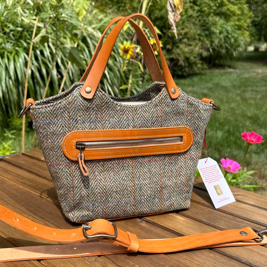 Mazie Handbag Green Mix Herringbone Harris Tweed® with Biscuit Veg Tan Leather and Antique Brass Hardware SquiresCanvasCreations.com