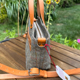 Mazie Handbag Green Mix Herringbone Harris Tweed® with Biscuit Veg Tan Leather and Antique Brass Hardware SquiresCanvasCreations.com