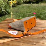 Mazie Handbag Green Mix Herringbone Harris Tweed® with Biscuit Veg Tan Leather and Antique Brass Hardware SquiresCanvasCreations.com