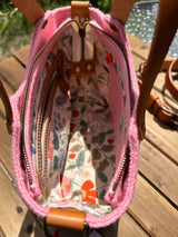 Mazie Handbag Pink Twill Harris Tweed® with Biscuit Veg Tan Leather and Antique Brass Hardware SquiresCanvasCreations.com