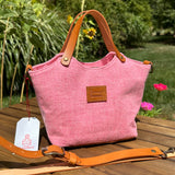 Mazie Handbag Pink Twill Harris Tweed® with Biscuit Veg Tan Leather and Antique Brass Hardware SquiresCanvasCreations.com