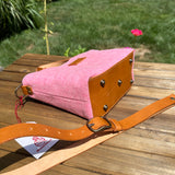 Mazie Handbag Pink Twill Harris Tweed® with Biscuit Veg Tan Leather and Antique Brass Hardware SquiresCanvasCreations.com