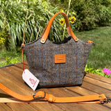 Mazie Handbag Green and Blue Herringbone with Rust Overcheck Harris Tweed® with Biscuit Veg Tan Leather and Antique Brass Hardware SquiresCanvasCreations.com