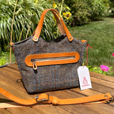 Mazie Handbag Green and Blue Herringbone with Rust Overcheck Harris Tweed® with Biscuit Veg Tan Leather and Antique Brass Hardware SquiresCanvasCreations.com