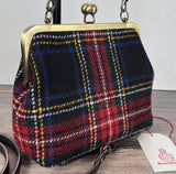 Harris Tweed® Princess Anne Kiss Lock Purse in Stewart Plaid with leather base, handbag strap, and crossbody strap — handcrafted in Maryland.