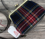 Harris Tweed® Princess Anne Kiss Lock Purse in Stewart Plaid with leather base, handbag strap, and crossbody strap — handcrafted in Maryland.