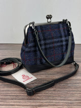 Harris Tweed® Princess Anne Kiss Lock Purse in Navy Grey and Black Plaid with leather base, handbag strap, and crossbody strap — handcrafted in Maryland.