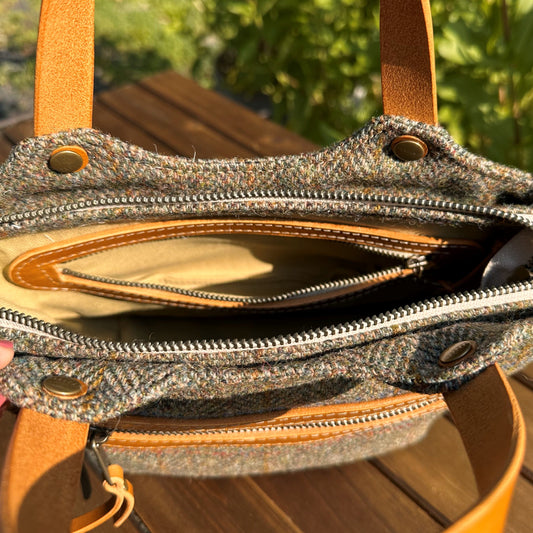 Green Herringbone Harris Tweed® with Biscuit Veg Tan Leather and Antique Brass Hardware Mazie Handbag squirescanvascreatons.com