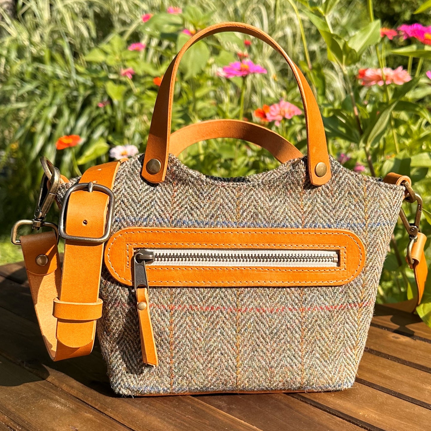 Green Herringbone Harris Tweed® with Biscuit Veg Tan Leather and Antique Brass Hardware