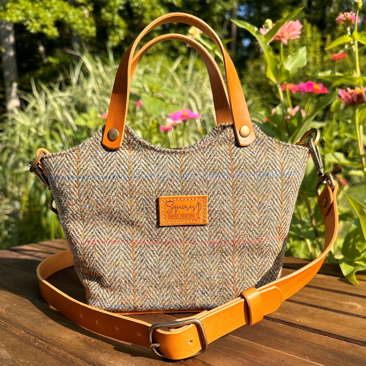 Green Herringbone Harris Tweed® with Biscuit Veg Tan Leather and Antique Brass Hardware