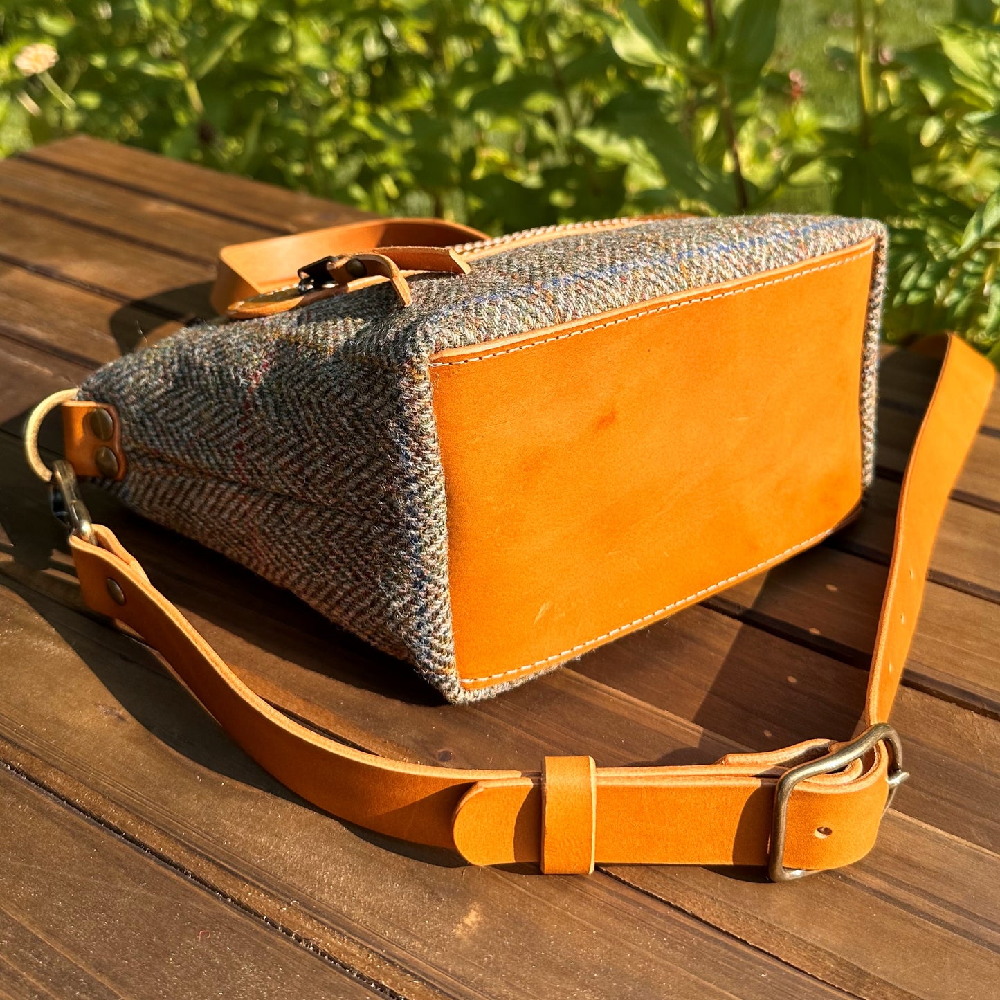 Green Herringbone Harris Tweed® with Biscuit Veg Tan Leather and Antique Brass Hardware