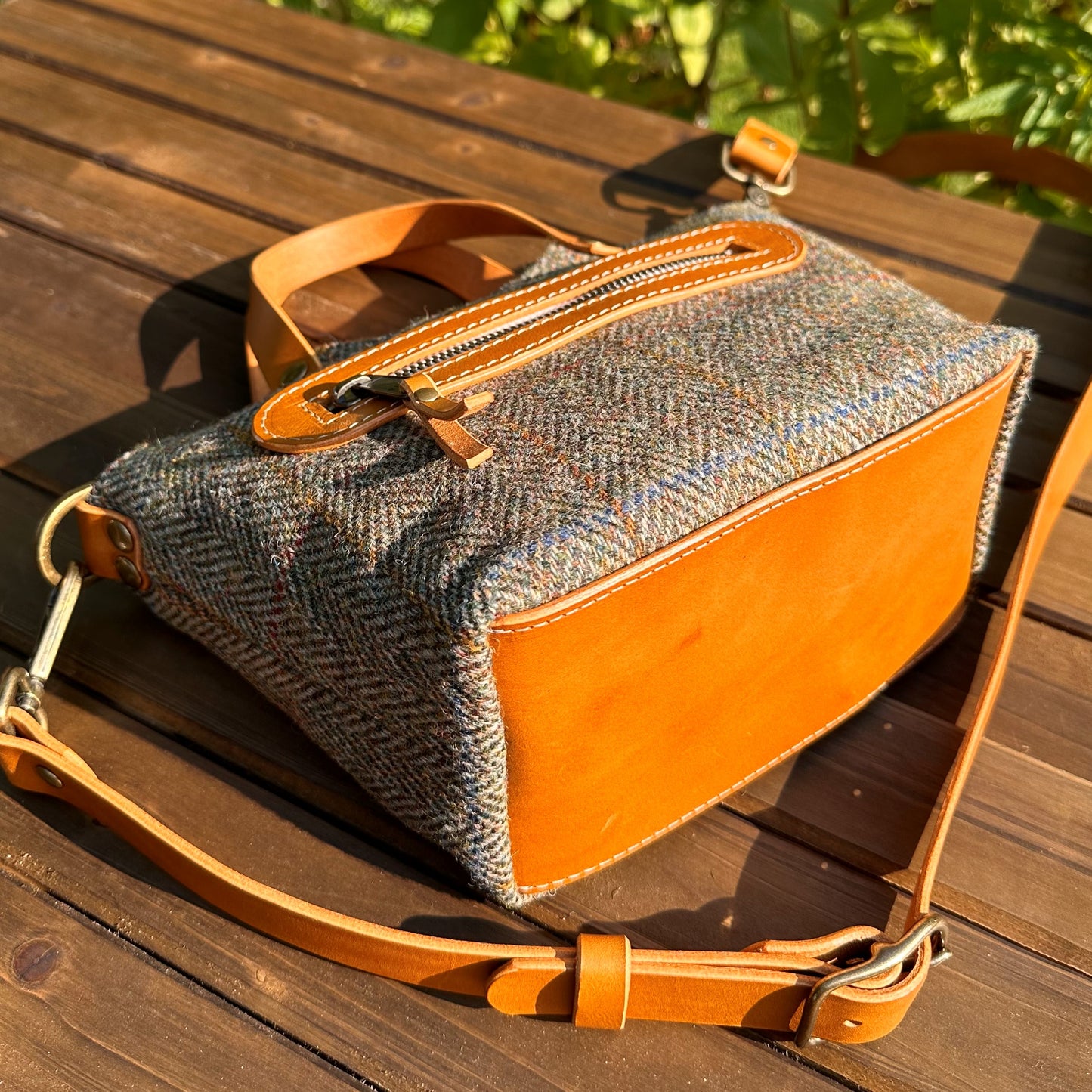 Green Herringbone Harris Tweed® with Biscuit Veg Tan Leather and Antique Brass Hardware