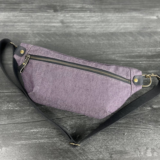 Canvas Spinnaker Sling Bag Plumb Army Duck Canvas with Black Crazy Horse Leather Strap Antique Brass Hardware SquiresCanvasCreations.com