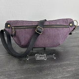 Canvas Spinnaker Sling Bag Plumb Army Duck Canvas with Black Crazy Horse Leather Strap Antique Brass Hardware SquiresCanvasCreations.com