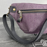 Canvas Spinnaker Sling Bag Plumb Army Duck Canvas with Black Crazy Horse Leather Strap Antique Brass Hardware SquiresCanvasCreations.com