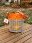 Yellow and Blue Harris Tweed® Lighthouse Crossbody round bag with flat bottom and Acorn Leather Accents
