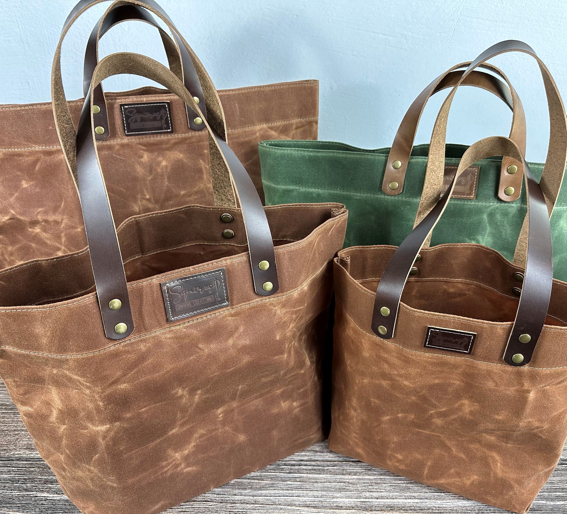 Waxed Canvas with Leather with Antique Brass Hardware Chesapeake Market Tote squirescanvascreations
