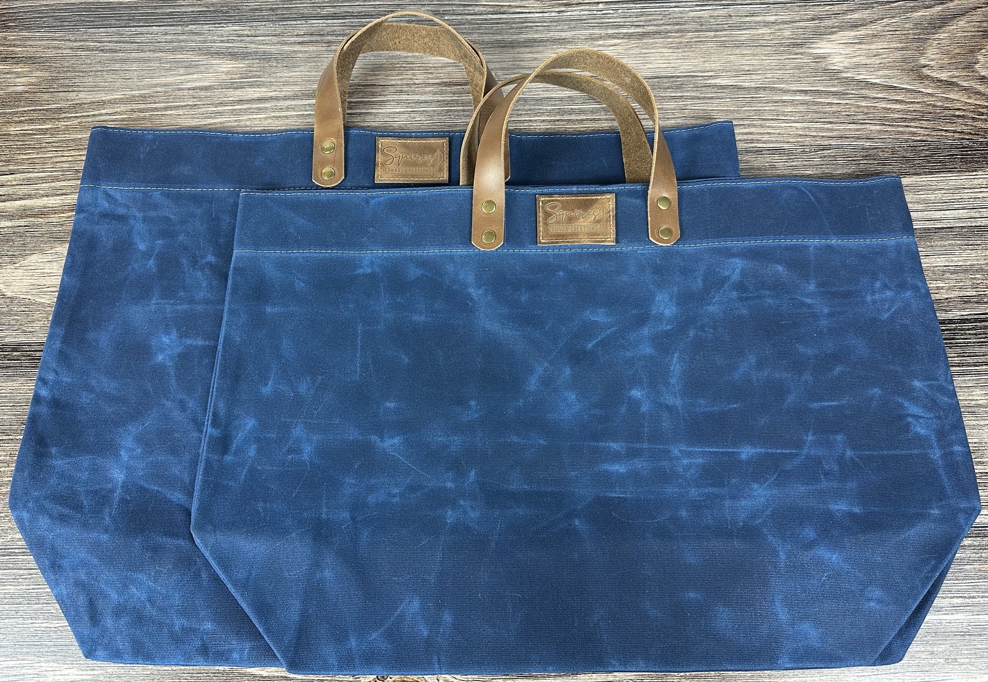 Blue Waxed Canvas Wheat Leather with Antique Brass Hardware Chesapeake Market Tote squirescanvascreations