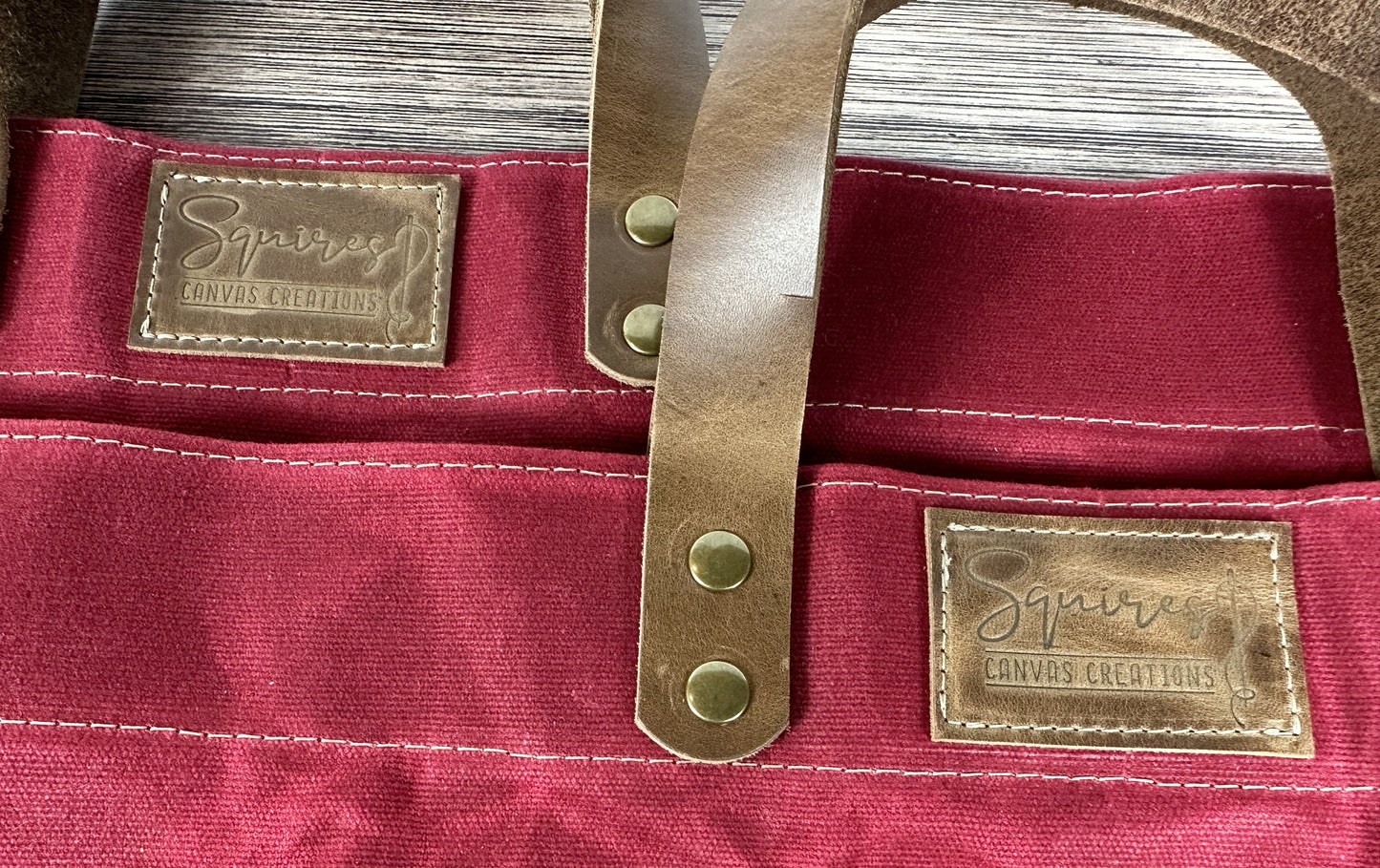 Red Waxed Canvas Wheat Leather with Antique Brass Hardware Chesapeake Market Tote squirescanvascreations