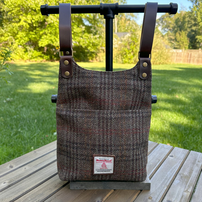 Dark Brown Plaid Harris Tweed® and Dark Brown Waxed Canvas back with Solid Brass Hardware Harris Tweed® Eastport Backpack squirescanvascreations.com