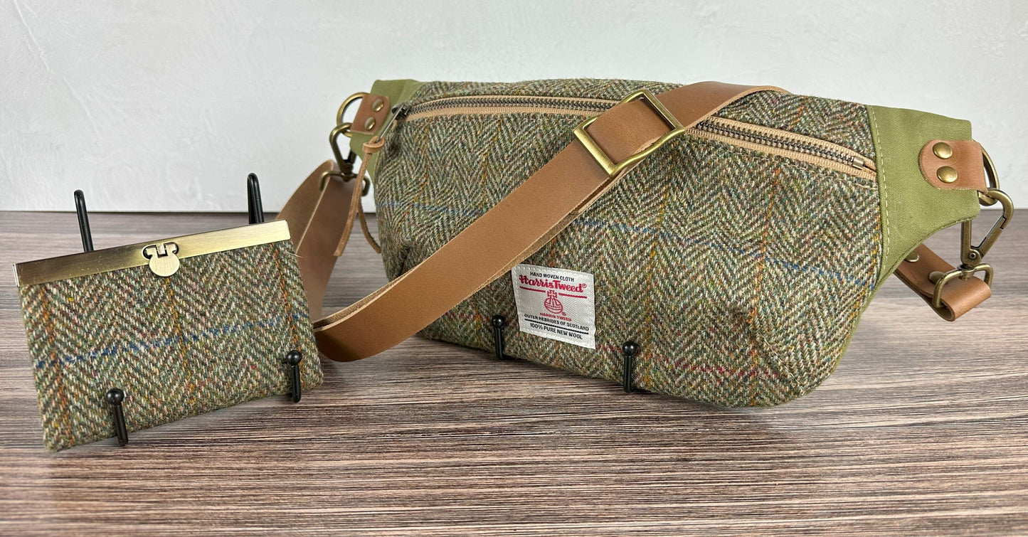 Green Herringbone with Blue & Gold Overcheck Harris Tweed® Wheat Leather Strap Antique Brass Hardware Spinnaker Sling Bag squirescanvascreations.com