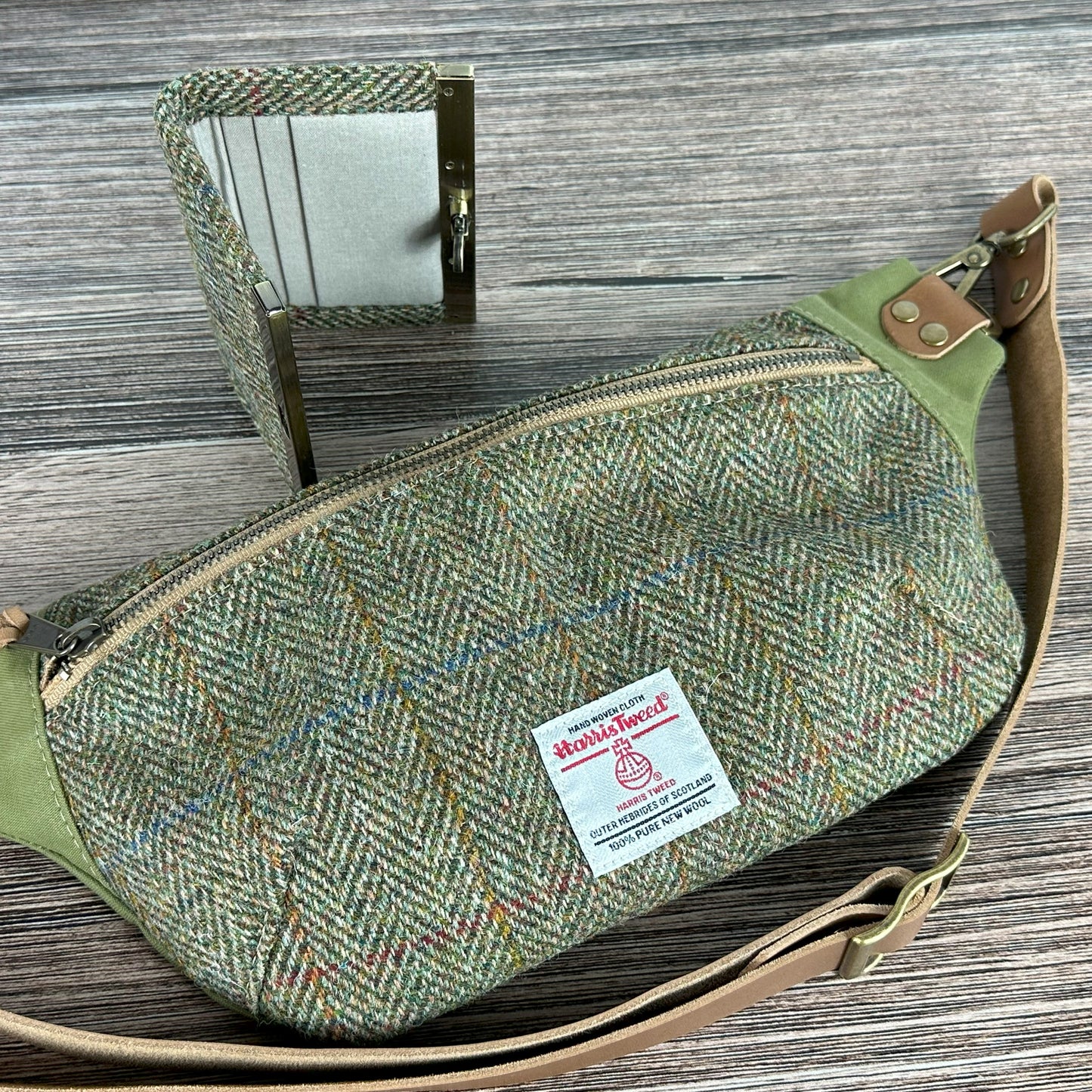 Green Herringbone with Blue & Gold Overcheck Harris Tweed® Wheat Leather Strap Antique Brass Hardware Spinnaker Sling Bag squirescanvascreations.com