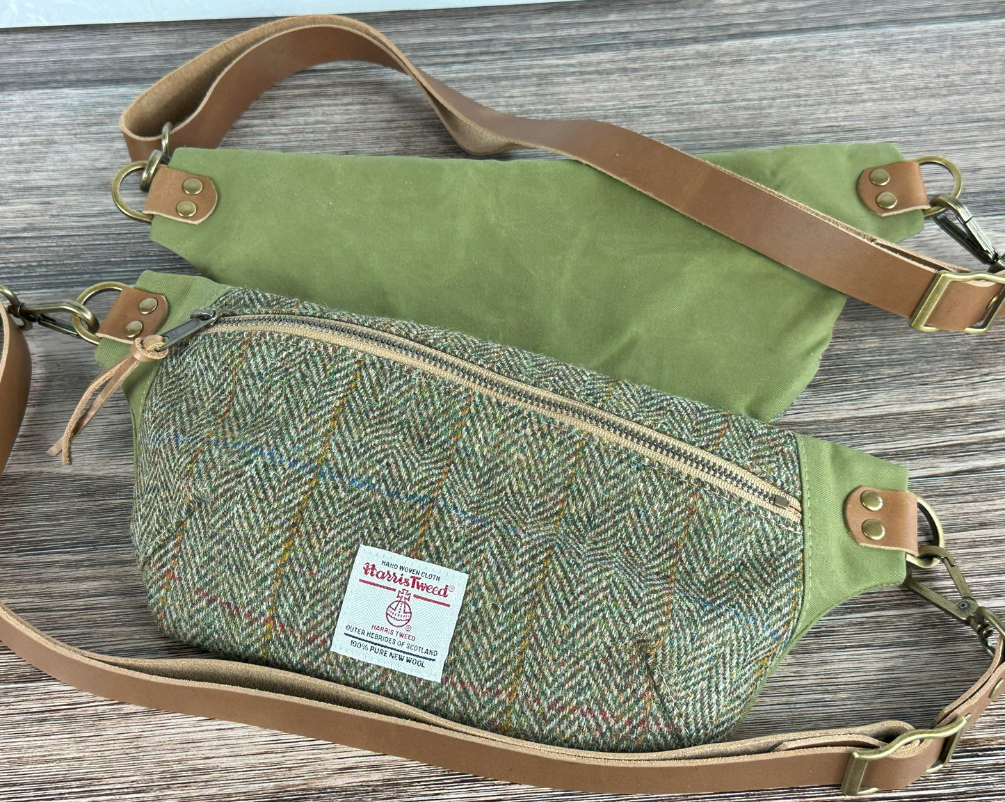 Green Herringbone with Blue & Gold Overcheck Harris Tweed® Wheat Leather Strap Antique Brass Hardware Spinnaker Sling Bag squirescanvascreations.com