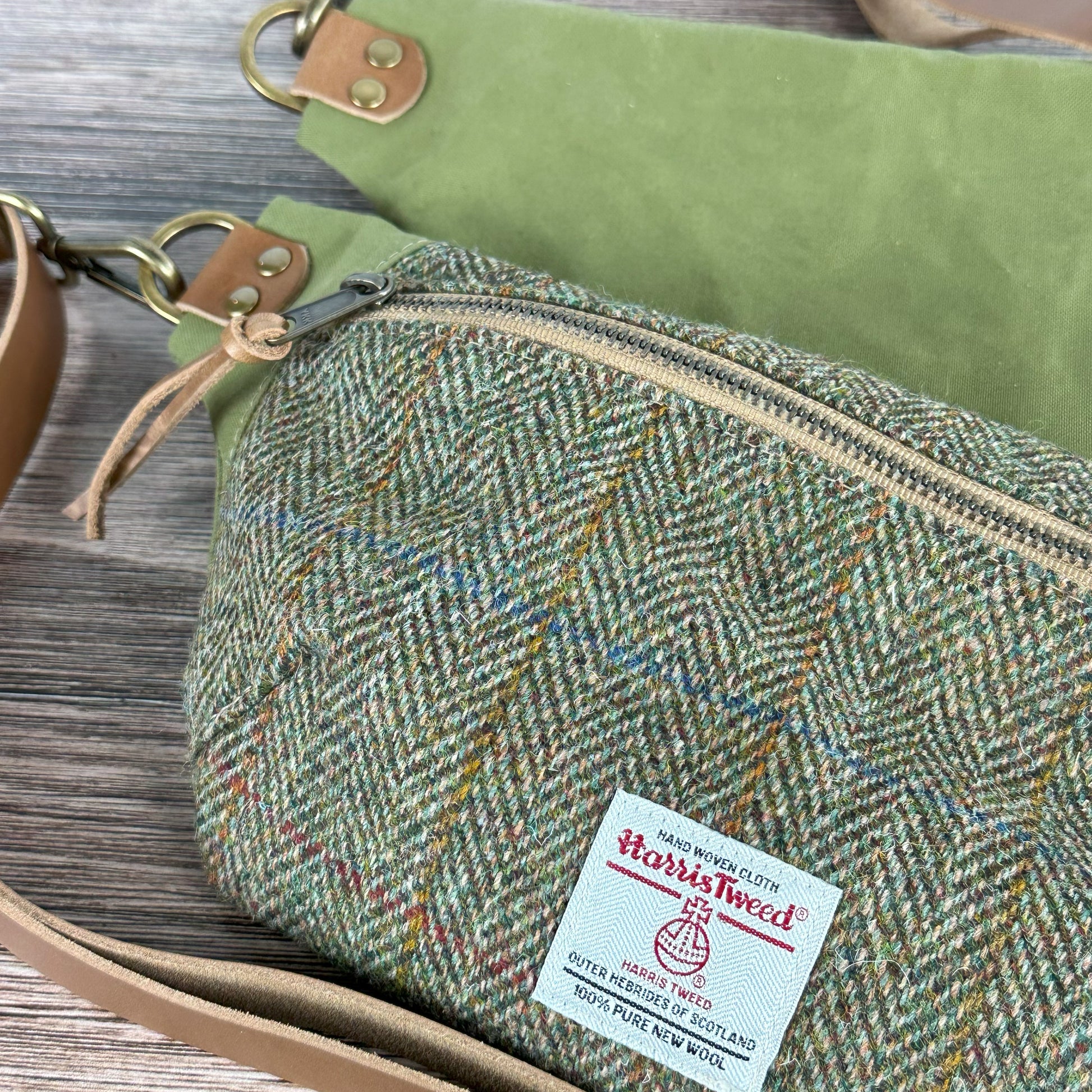 Green Herringbone with Blue & Gold Overcheck Harris Tweed® Wheat Leather Strap Antique Brass Hardware Spinnaker Sling Bag squirescanvascreations.com