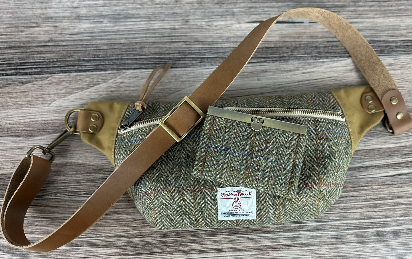 Green Herringbone with Blue & Gold Overcheck Harris Tweed® Wheat Leather Strap Antique Brass Hardware Spinnaker Sling Bag squirescanvascreations.com