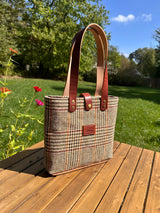 Harris Tweed® Tote Glen Check Plaid Harris Tweed® with  Dublin Olde English Leather and Antique Brass Hardware SquiresCanvasCreations.com