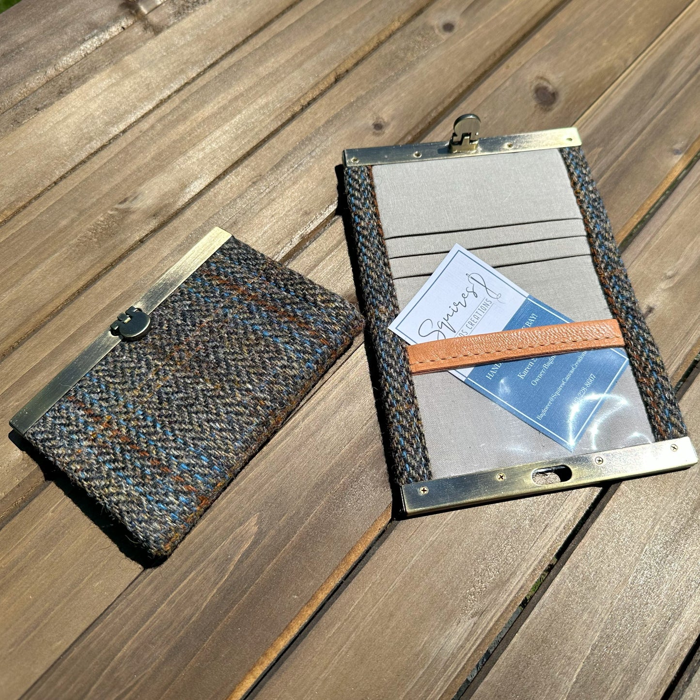 Blue Herringbone with a Rust Overcheck Harris Tweed® with Grey Khaki Interior and Bronze Flip-Lock City Dock Wallet squirescanvascreations.com