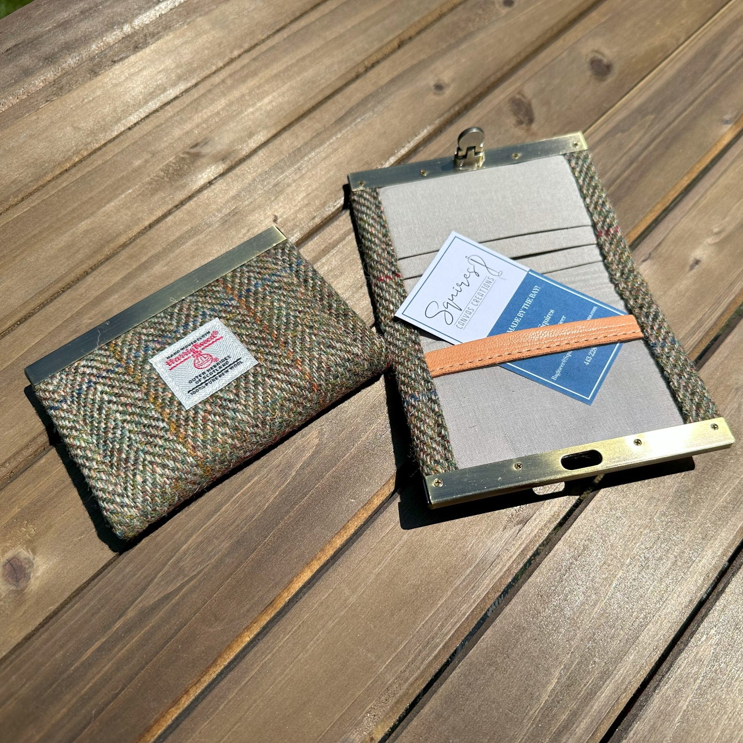 Green and Blue Herringbone with a Rust Overcheck Harris Tweed® with Grey Khaki Interior and Bronze Flip-Lock City Dock Wallet squirescanvascreations.com