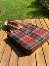 Harris Tweed® Tote Green Red & Black Tartan with Gold and Blue Overchecks Dark Brown Italian Leather and Antique Brass Hardware SquiresCanvasCreations.com