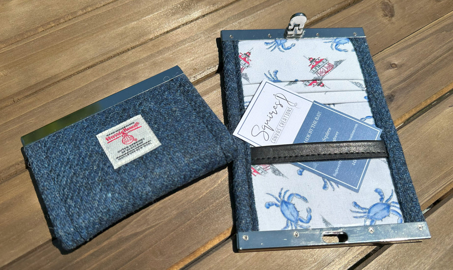 Blue Harris Tweed® with Vintage Crab & Lighthouse Interior and Nickle Flip-Lock City Dock Wallet squirescanvascreations.com