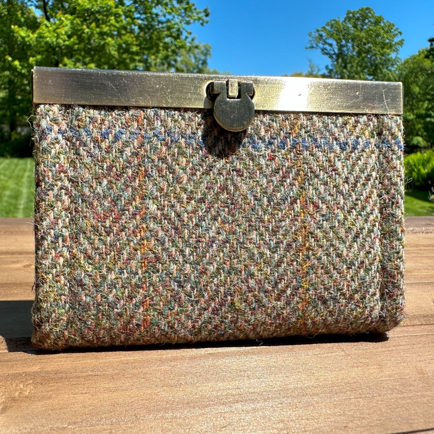 Green and Blue Herringbone with a Rust Overcheck Harris Tweed® with Grey Khaki Interior and Bronze Flip-Lock City Dock Wallet squirescanvascreations.com