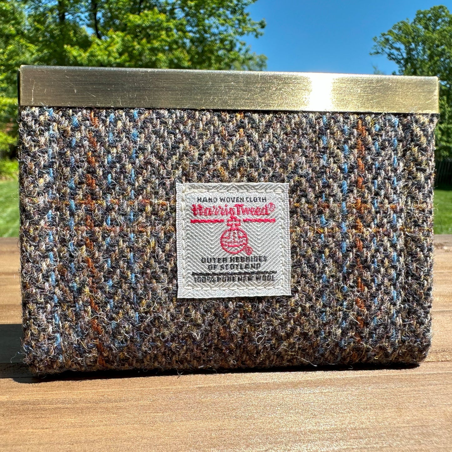 Blue Herringbone with a Rust Overcheck Harris Tweed® with Grey Khaki Interior and Bronze Flip-Lock City Dock Wallet squirescanvascreations.com