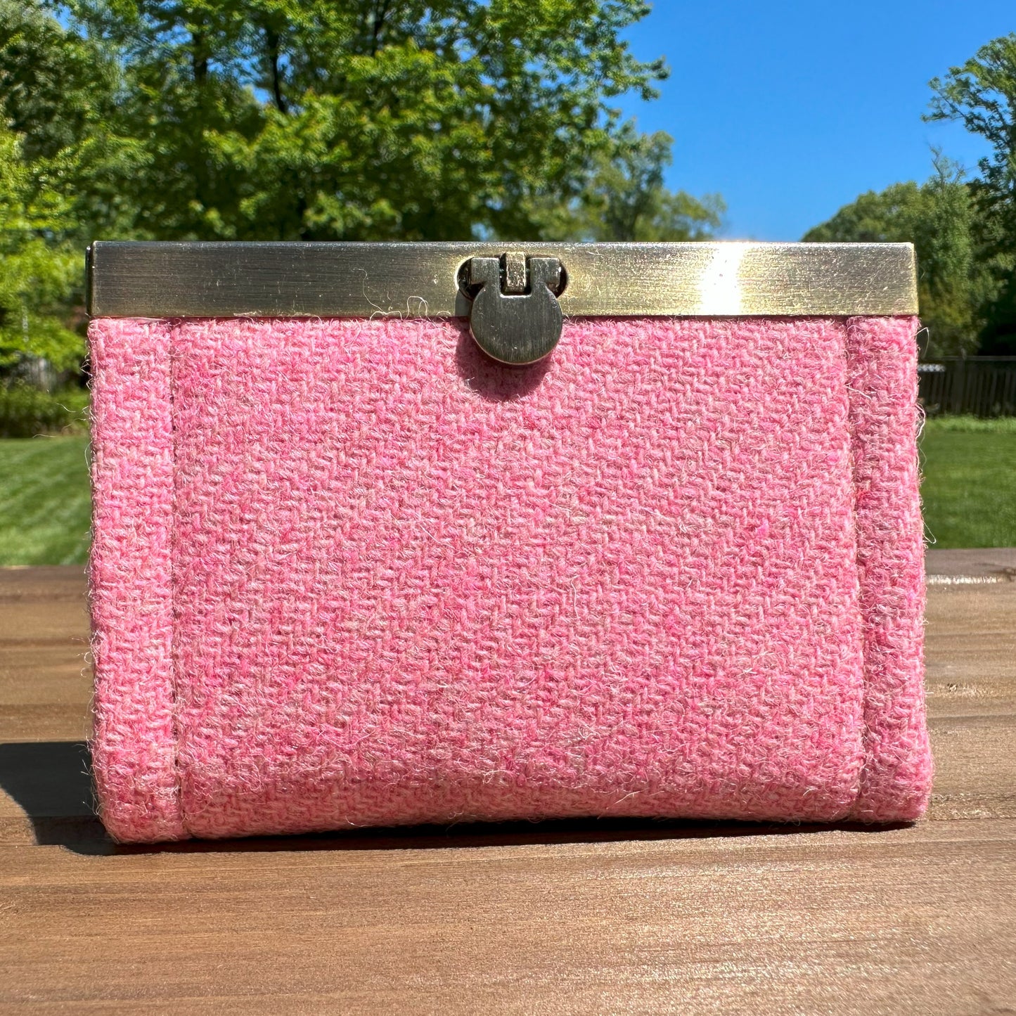 Pink Harris Tweed® with Vintage Honey-Bee Interior and Bronze Flip-Lock City Dock Wallet squirescanvascreations.com