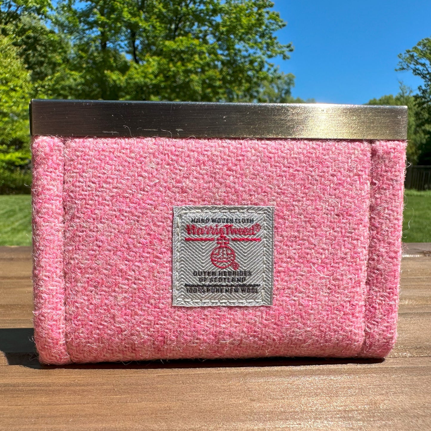 Pink Harris Tweed® with Vintage Honey-Bee Interior and Bronze Flip-Lock City Dock Wallet squirescanvascreations.com