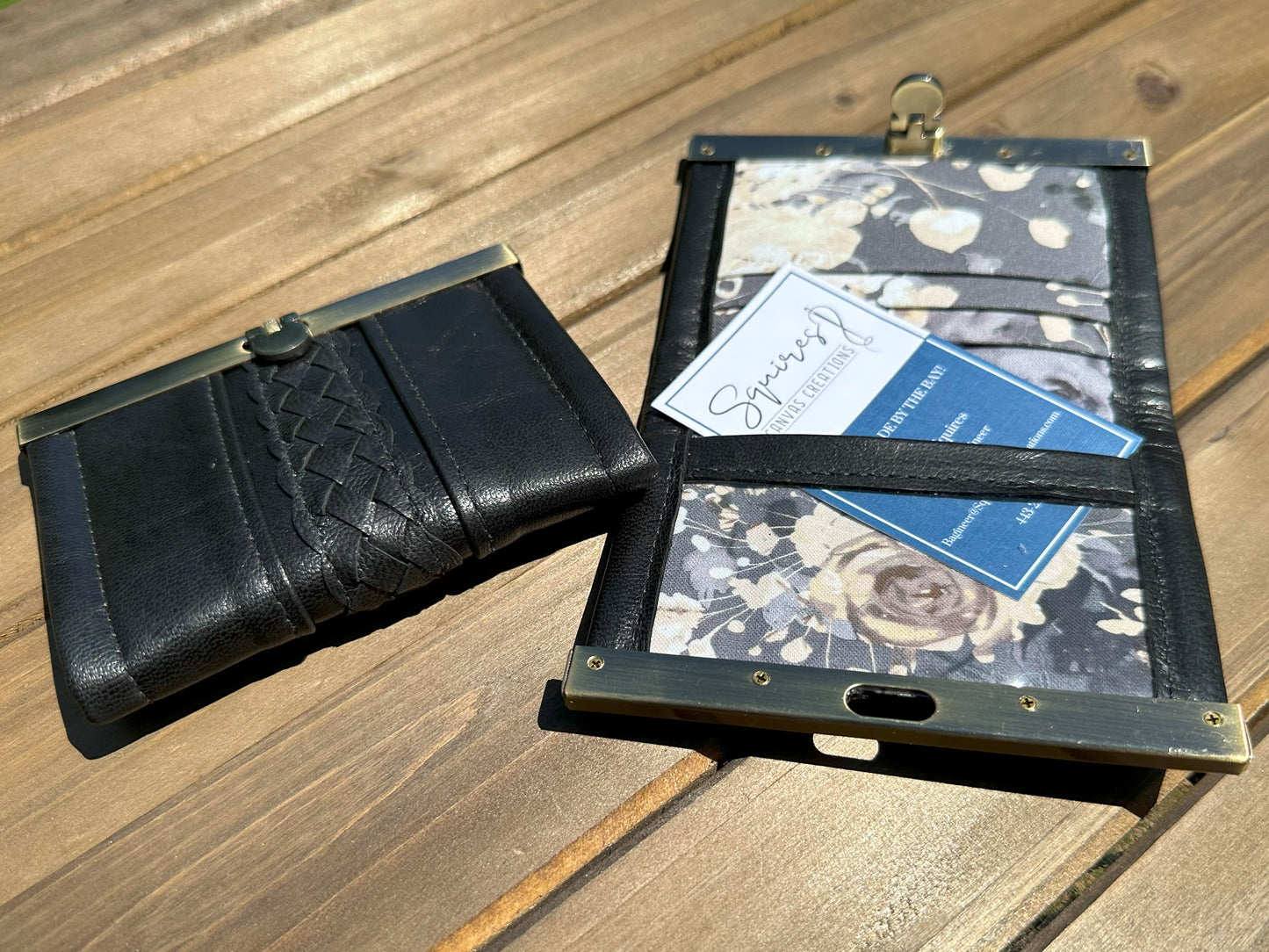 Black Lambskin with Hand Braided detail with Grey Tan & Black Floral Interior and Bronze Flip-Lock City Dock Wallet squirescanvascreations.com