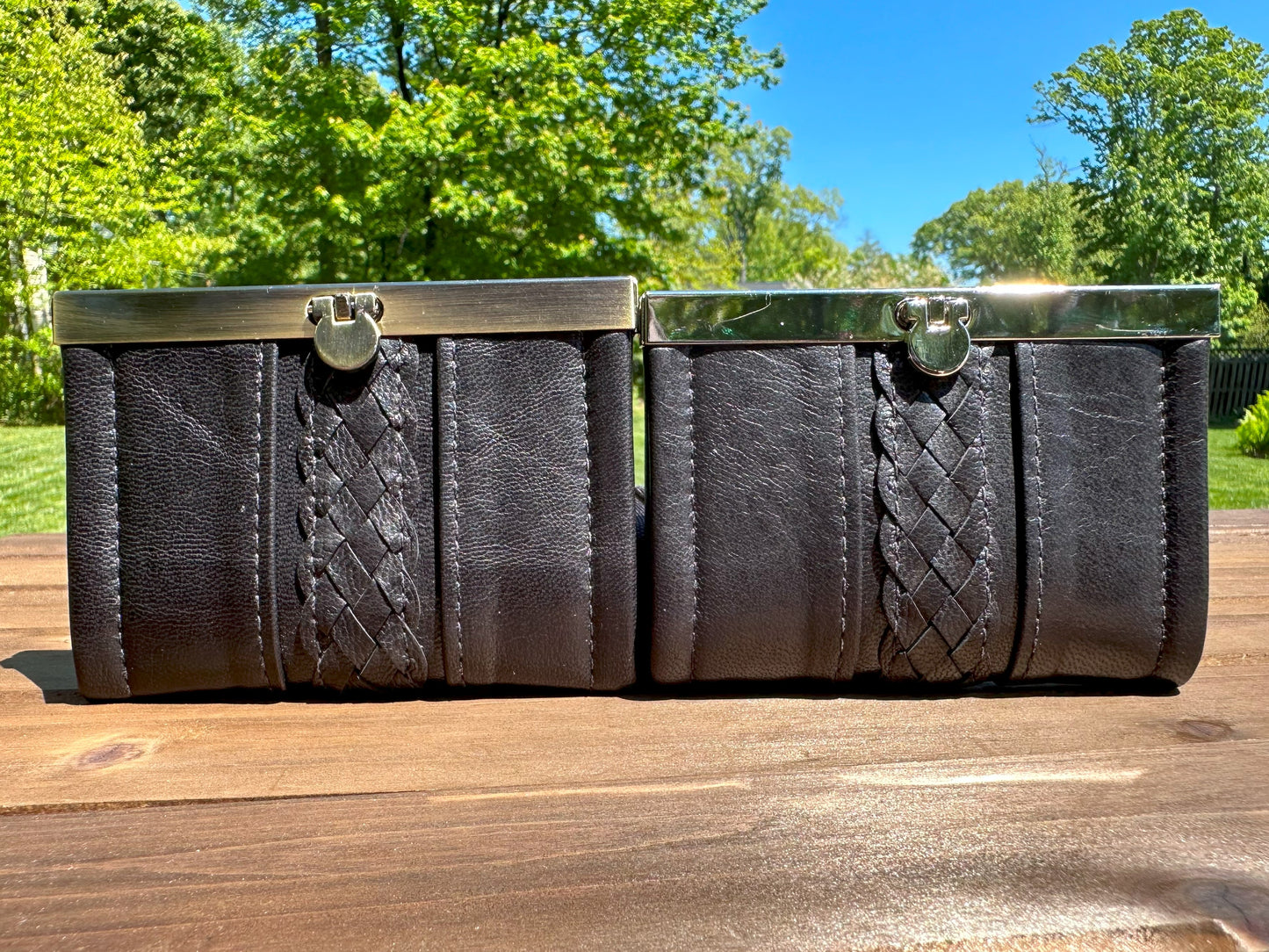 Black Lambskin with Hand Braided detail and Bronze or Nickel Flip-Lock City Dock Wallet squirescanvascreations.com