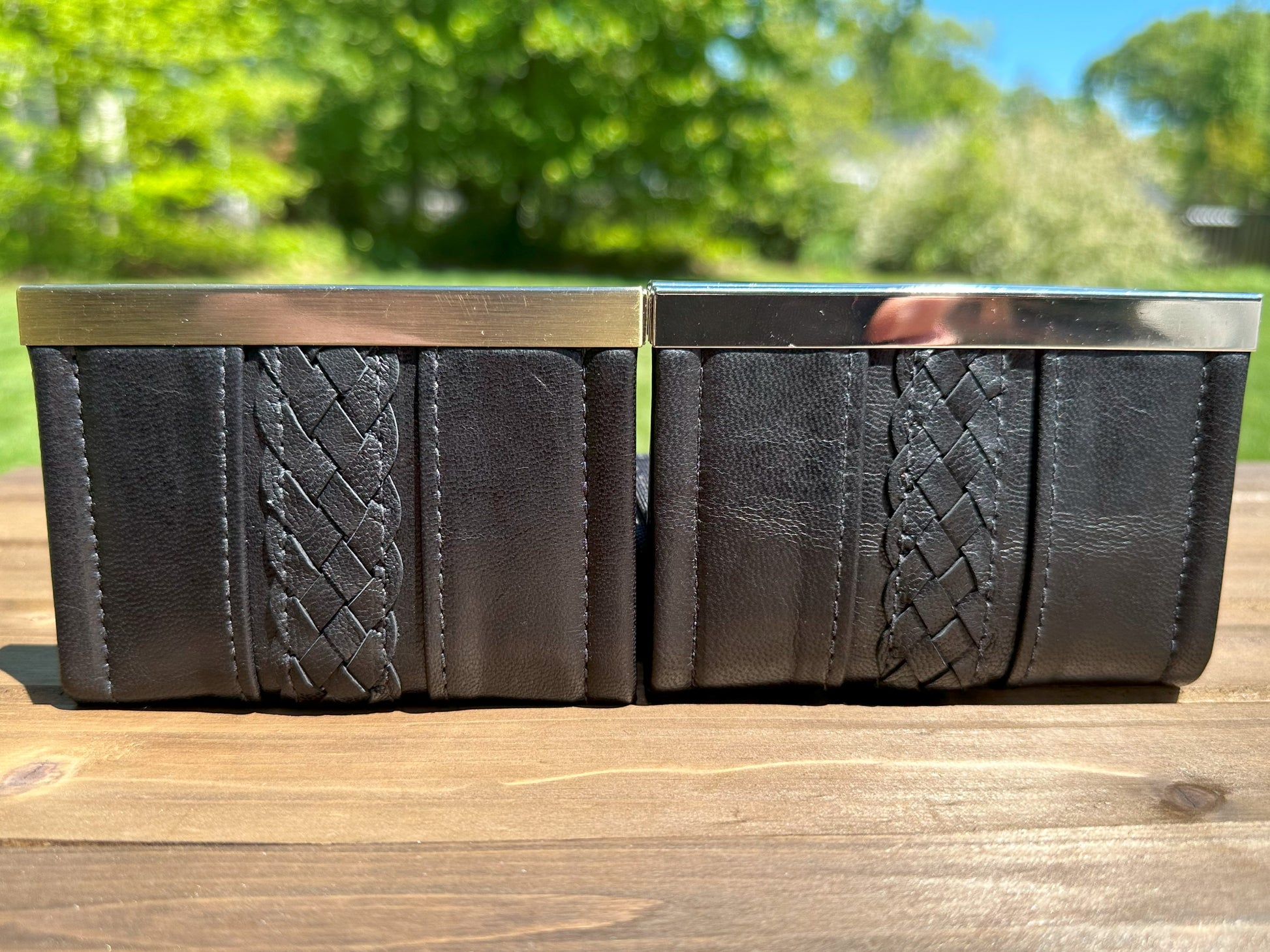 Black Lambskin with Hand Braided detail and Bronze or Nickel Flip-Lock City Dock Wallet squirescanvascreations.com