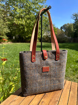 Harris Tweed® Tote Green and Blue Herringbone with Rust Overcheck Plaid Harris Tweed® with Dublin Olde English Leather and Antique Brass Hardware SquiresCanvasCreations.com