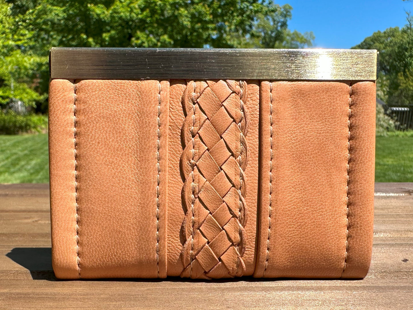Camel Lambskin with Hand Braided exterior detail and Bronze Flip-Lock City Dock Wallet squirescanvascreations.com