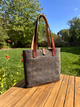 Harris Tweed® Tote Green and Blue Herringbone with Rust Overcheck Plaid Harris Tweed® with Dublin Olde English Leather and Antique Brass Hardware SquiresCanvasCreations.com